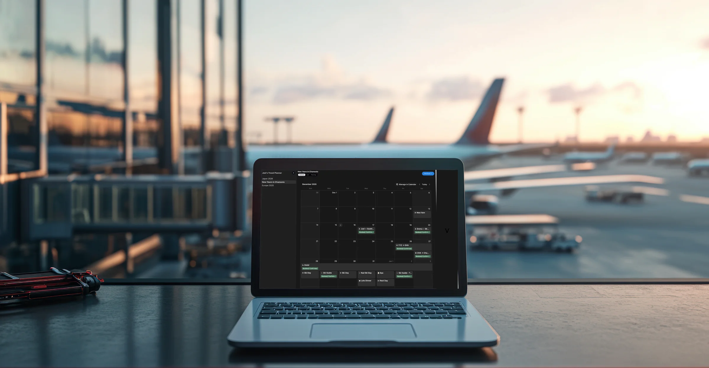 Travel Manager open on a laptop at an airport gate window at sunset