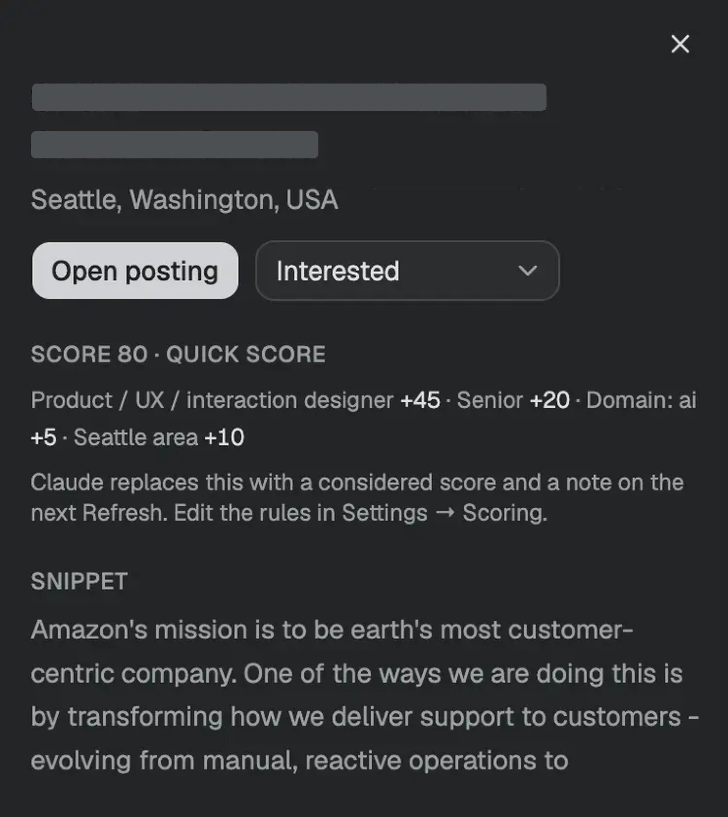 Detail drawer for a Seattle role: an Open posting button, an Interested status, the score of 80 broken down by what matched, and a snippet of the posting.
