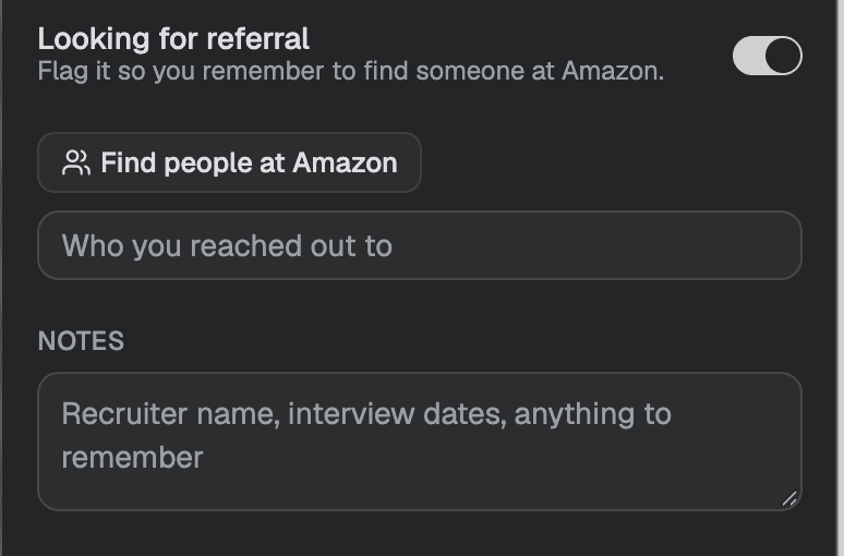 Referral controls: a Looking for referral toggle, a Find people at Amazon button, a field for who you reached out to, and notes.
