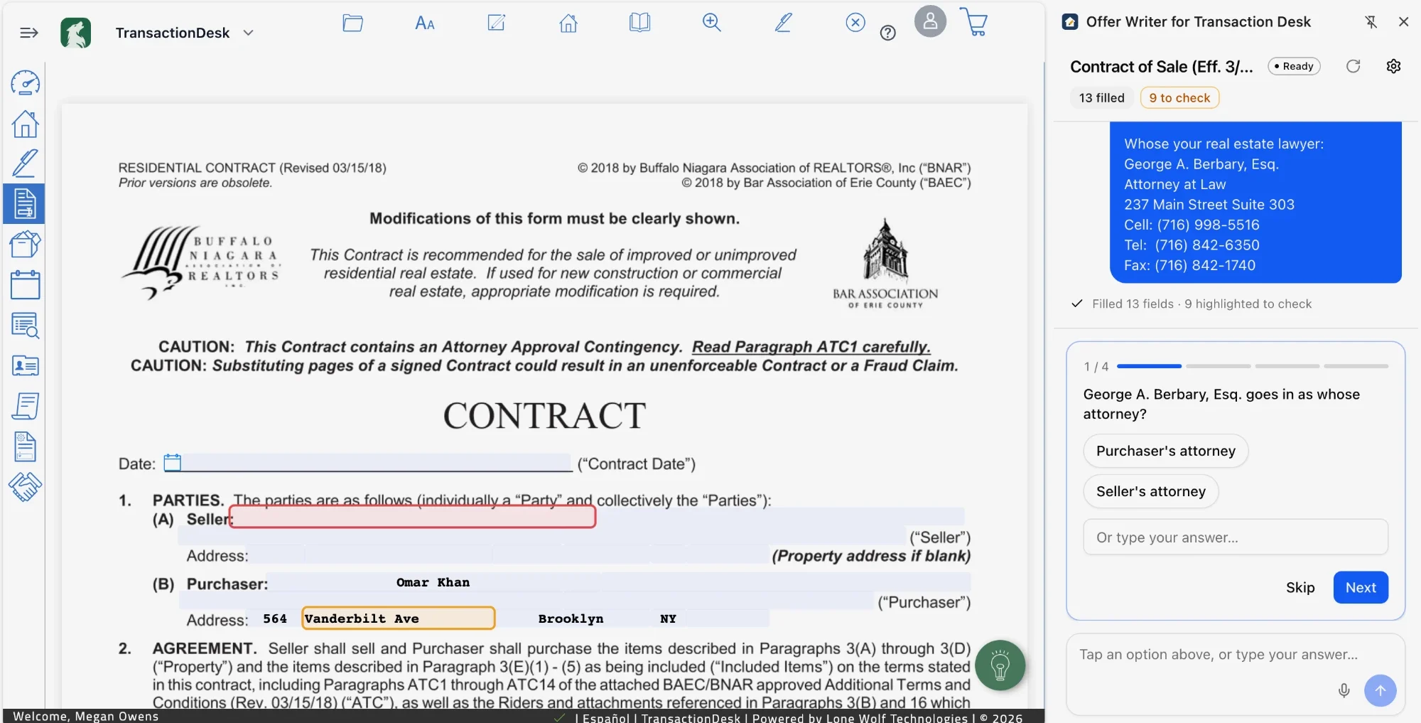 The same contract partly filled in, with the purchaser's name and address entered and fields outlined for review. The Offer Writer panel shows 13 fields filled and 9 to check, and asks whose attorney a lawyer should be listed as.