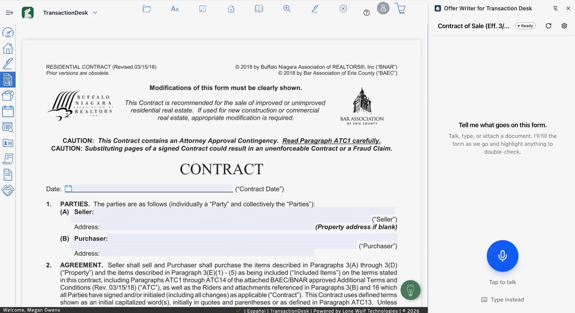 A blank residential contract open in TransactionDesk, with the Offer Writer panel beside it asking the agent to tell it what goes on the form, with a big microphone button and an option to type instead.