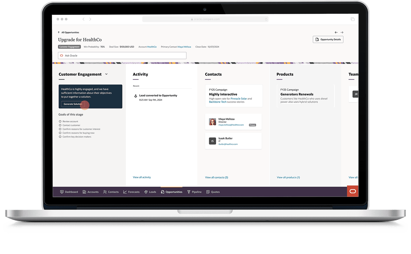 The opportunity page for HealthCo with an AI alert saying there is enough information about the customer's objectives, and a generate solution action.