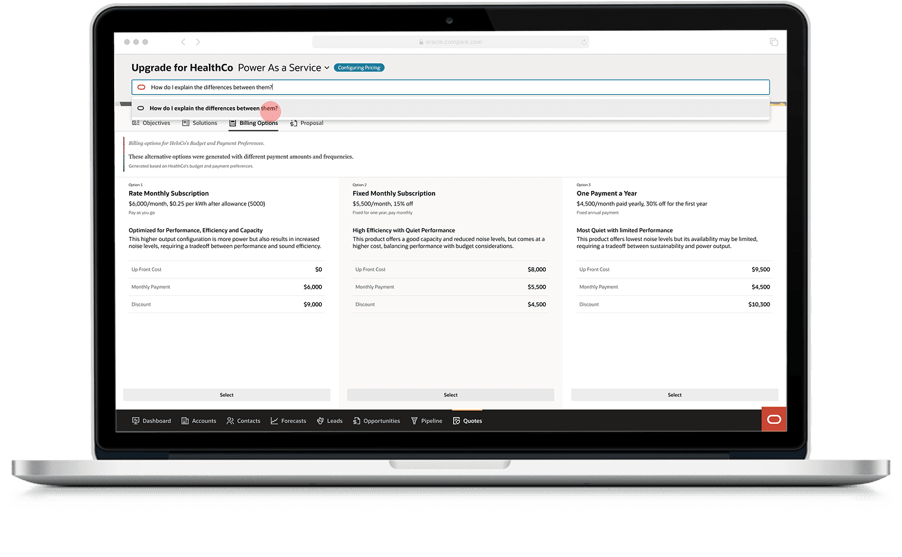 Three draft billing options — rate monthly subscription, fixed monthly, and one payment a year — with the question “how do I explain the differences between them?” typed into Ask Oracle.