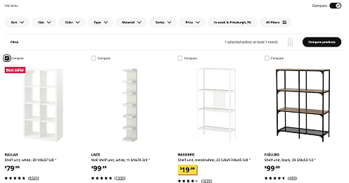 Ikea's shelving list with several units checked for comparison.