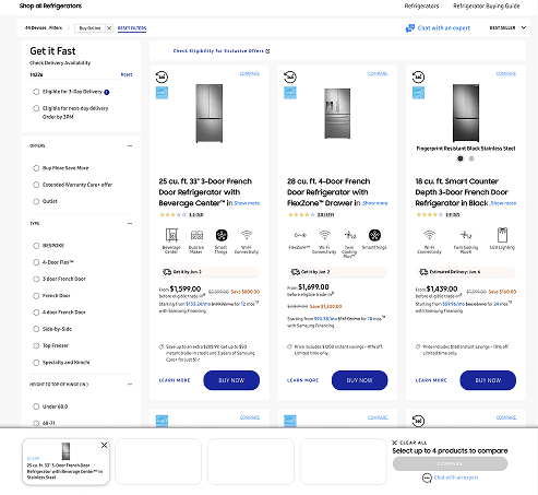 Samsung's refrigerator finder with filters down the left and selected models on the right.
